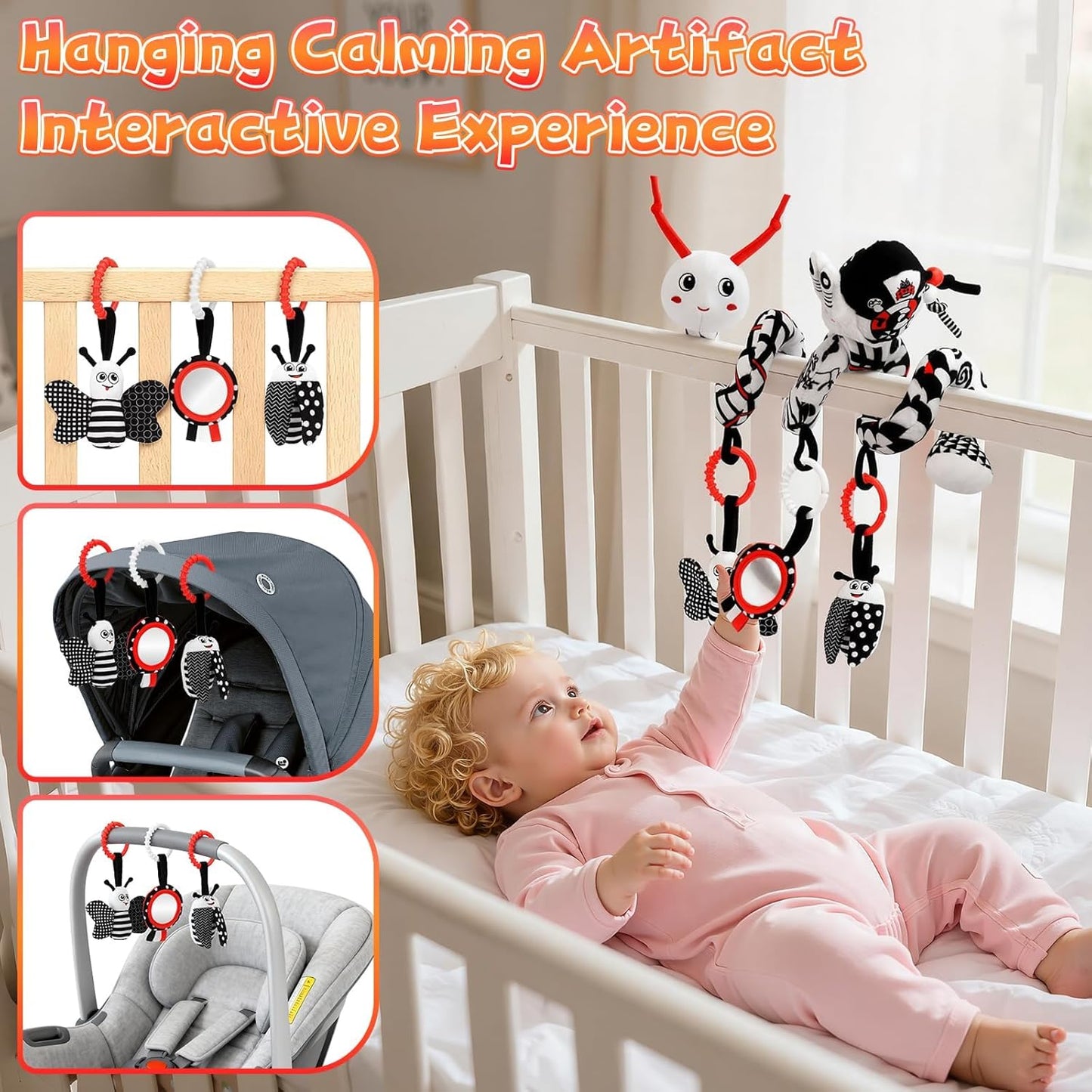 Car Seat Toys for Babies, 0-6 Months Stroller Activity Black White Baby Spiral Plush Toys Newborn High Contrast Sensory Carseat Toys with 4 Pendants Hanging Boys Girls Gift
