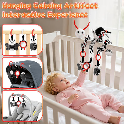 Car Seat Toys for Babies, 0-6 Months Stroller Activity Black White Baby Spiral Plush Toys Newborn High Contrast Sensory Carseat Toys with 4 Pendants Hanging Boys Girls Gift