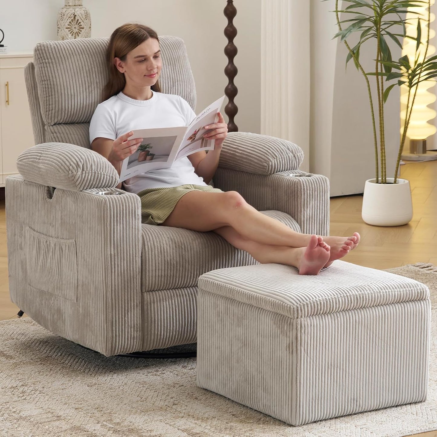 Rocking Chair Nursery with Adjustable Armrests, Electric Glider Recliner Nursing Chair for Breastfeeding, Power Swivel Recliner Chairs with Massage and Heat, Adjustable Headrest , FSC Certified, White