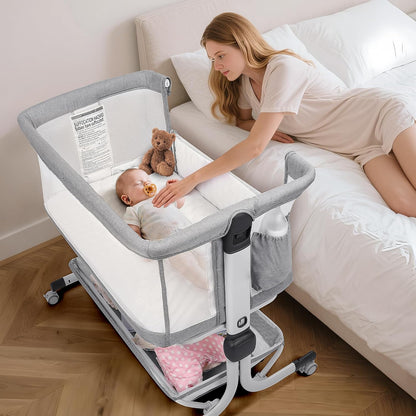 MOMFANN Baby Bassinet Bedside Sleeper, Upgraded Stability Bedside Crib with Full Mesh Sides, Soft Sheet, 6-Height Adjustment, Storage Basket, Easy Folding Portable Bassinet for Newborns, Gray