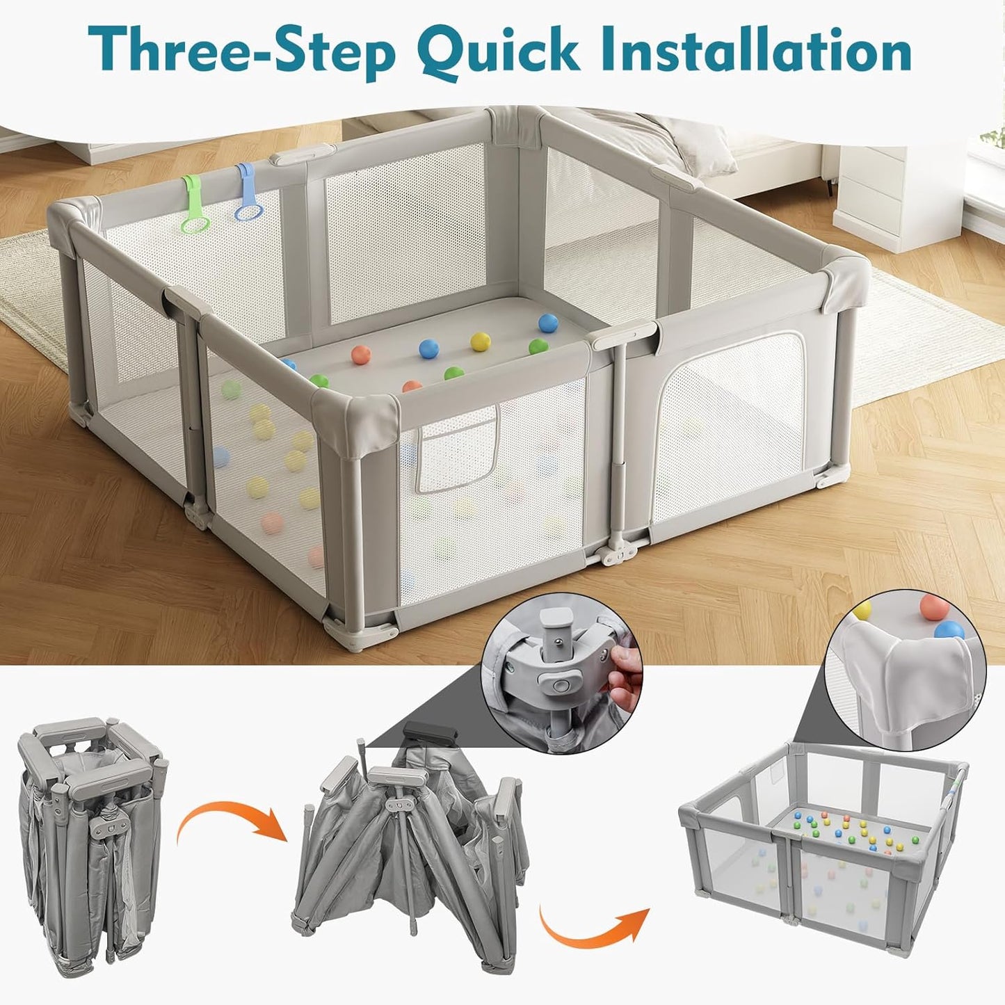 Foldable Playpen for Babies and Toddlers, 51" Portable Play Pen with Mat and Ocean Balls, Play Yard with with Visible Mesh for Inddor and Outdoor, No Assembly Required, Dark Gray