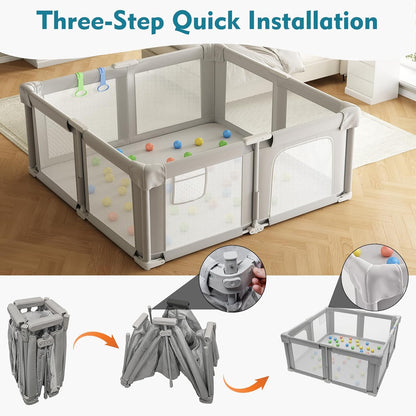 Foldable Playpen for Babies and Toddlers, 51" Portable Play Pen with Mat and Ocean Balls, Play Yard with with Visible Mesh for Inddor and Outdoor, No Assembly Required, Dark Gray