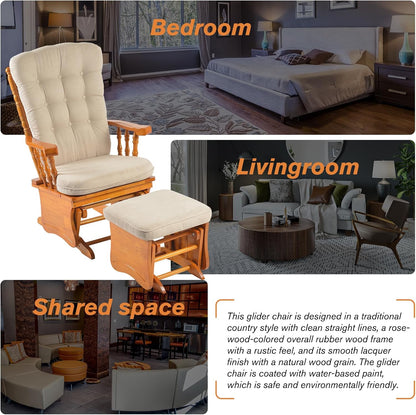 Glider Rocking Chair with Ottoman Set, Solid Wood Nursery Glider Rocker with Padded Cushion, High Back Upholstered Swivel Glider for Living Room, Nursing, Reading, 280LBS Weight Capacity,Oak+Khaki