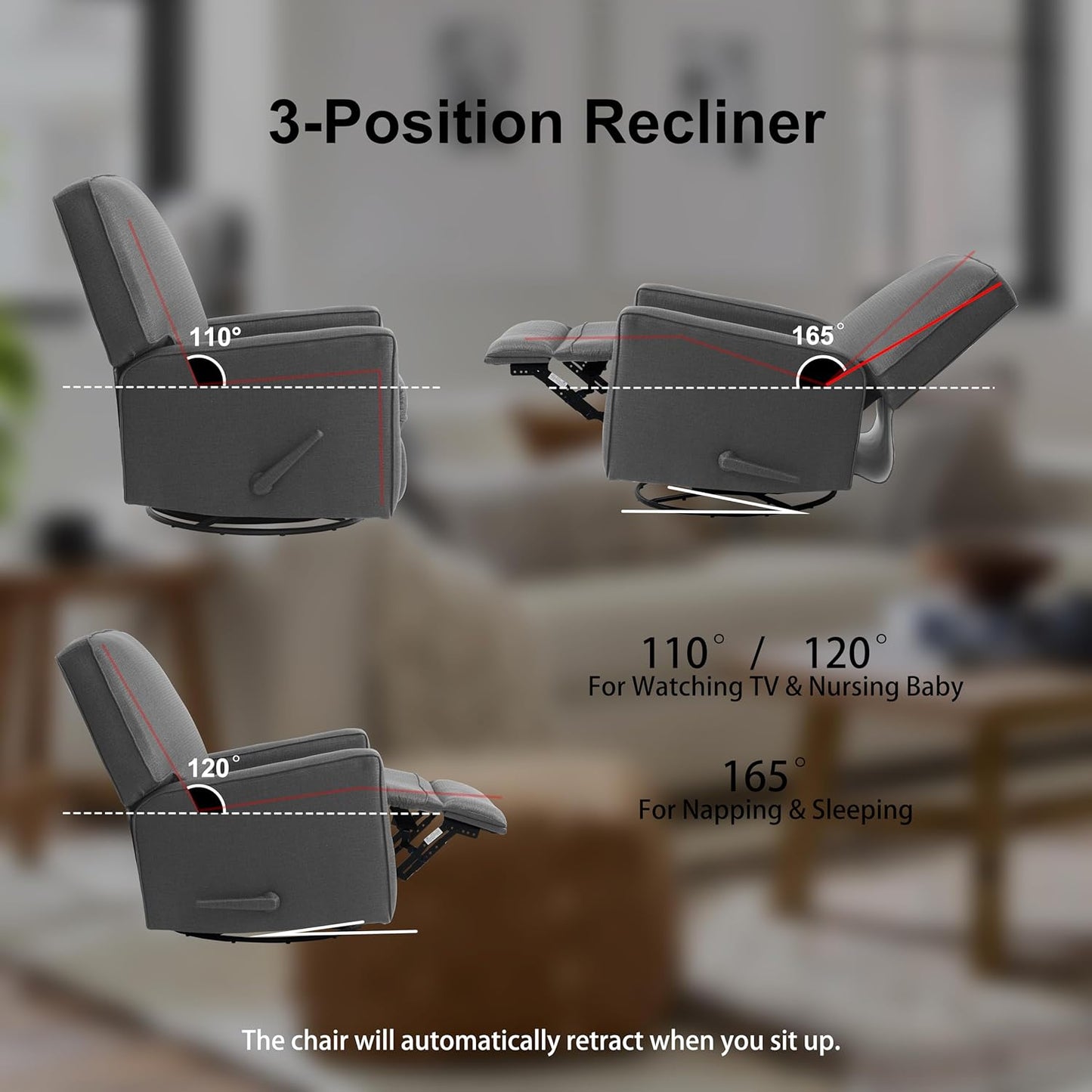 Harkawon Swivel Rocker Recliner Chair, Glider Rocker Recliner, Rocking Chair Nursery, Fabric Chair with High Back, Deep Seat, for Living Room, Bedroom, Beige