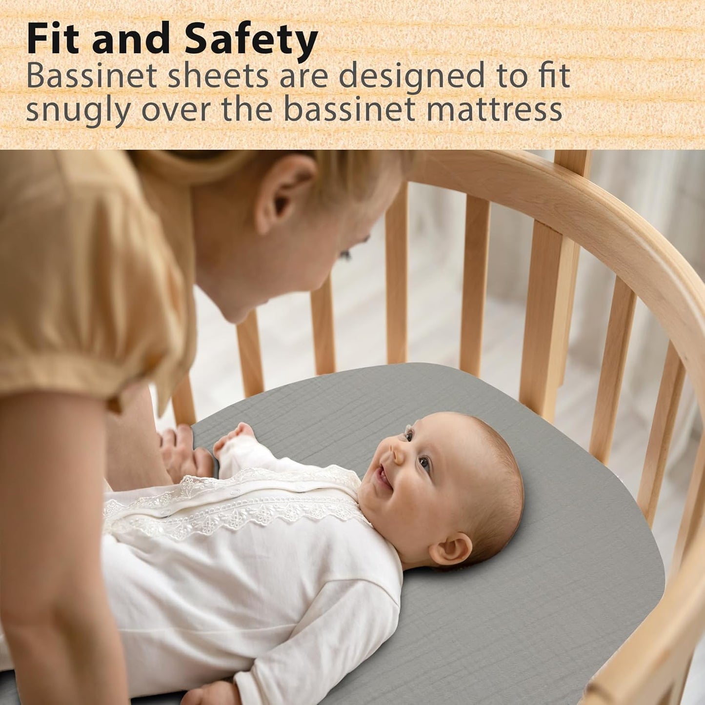 3-Pack Bedside Sleeper Bassinet Sheets | GOTS Certified Organic 100% Muslin Cotton | Ultra Soft & Breathable | 33×20×4” Fitted Sheets | Universal Fit 29–33” x 17–21” Pads