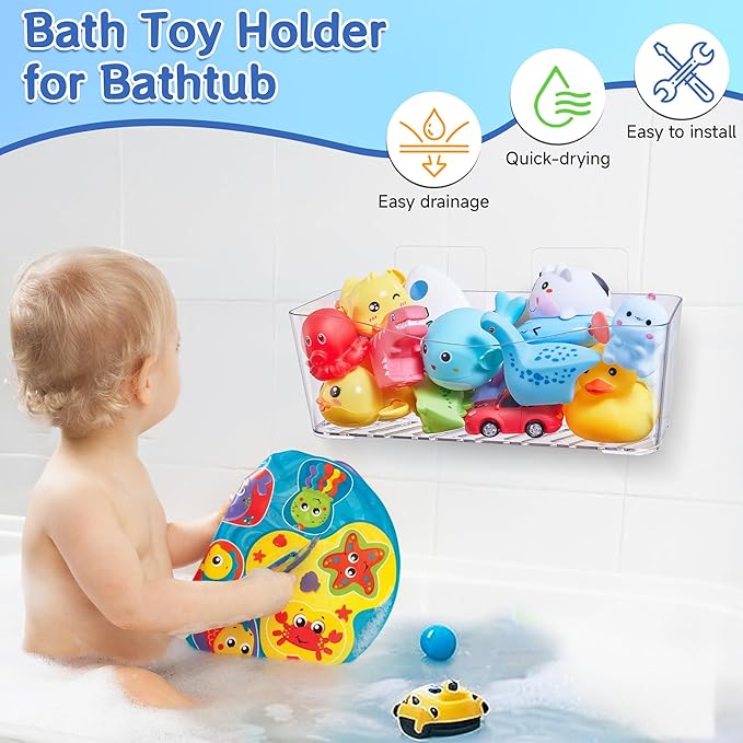 Antimbee Clear Bath Toy Storage, Large Capacity Bath Toy Holder, Quick Dry Bathtub Toy Storage Organizer, No Drill Adhesive Shower Caddy, Bathroom Shower Toy Basket for Baby Toddler Kids, 2 Pack