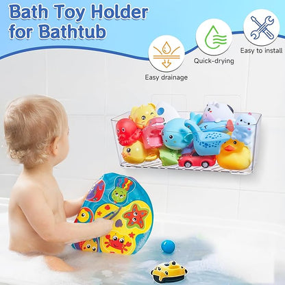 Antimbee Clear Bath Toy Storage, Large Capacity Bath Toy Holder, Quick Dry Bathtub Toy Storage Organizer, No Drill Adhesive Shower Caddy, Bathroom Shower Toy Basket for Baby Toddler Kids, 2 Pack
