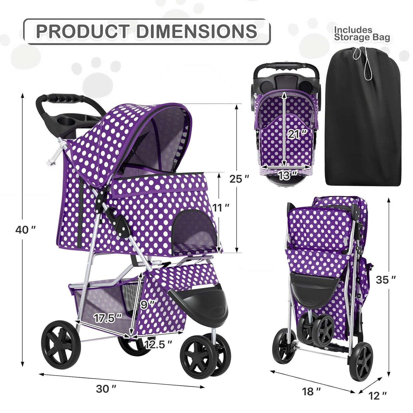 MoNiBloom Foldable Pet Stroller with Weather Cover, 3 Wheels Pet Strolling Cart for Small/Medium Dogs and Cats with Storage Basket and Cup Holder, Breathable and Visible Mesh for All-Season, Black