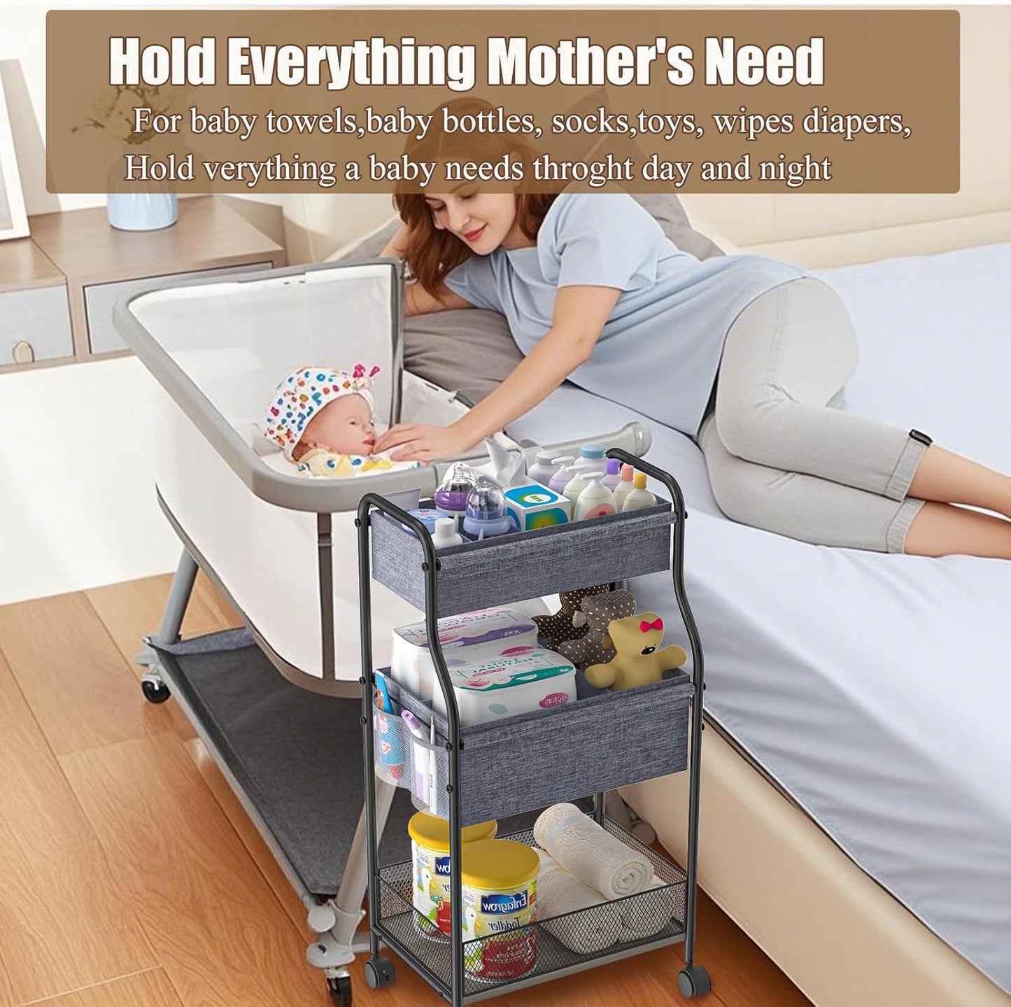 3-Tier Baby Diaper Caddy Cart Organizer,Mobile Nursery Storage Carts with Wheels,With 2 Dividers&14 Mesh Pockets Durable Metal Utility Cart for Nursery, Bedroom, Bathroom, Baby Essentials Organization