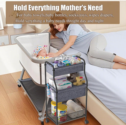 3-Tier Baby Diaper Caddy Cart Organizer,Mobile Nursery Storage Carts with Wheels,With 2 Dividers&14 Mesh Pockets Durable Metal Utility Cart for Nursery, Bedroom, Bathroom, Baby Essentials Organization
