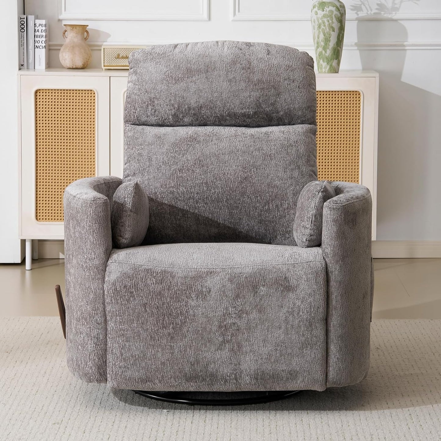Oversized Swivel Rocker Recliner Chair with Heat and Massage, Rocking Chair with Adjustable Headrest, Manual Recliner, Glider Recliner with 2 Pillows, Chenille White