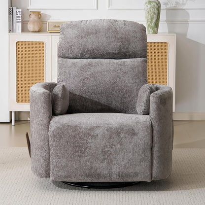 Oversized Swivel Rocker Recliner Chair with Heat and Massage, Rocking Chair with Adjustable Headrest, Manual Recliner, Glider Recliner with 2 Pillows, Chenille White