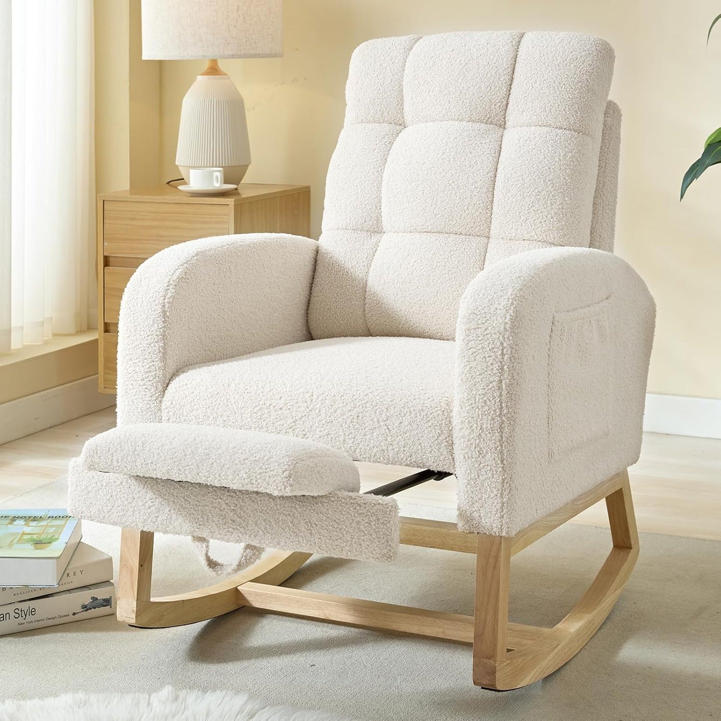NIOIIKIT Modern Nursery Rocking Chair, Teddy Upholstered Rocking Chair with Footrest, Comfortable Rocker Recliner with Side Pocket, Rocker Glider for Living Room, Bedroom, Nursing Room (Apricot)