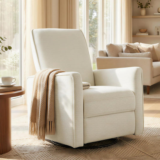 KISLOT Swivel Rocker Recliner Chair, Nursery Glider Recliner with Wood Base Manual Rocking Comfy Upholstered Fabric Reclining Single Sofa for Nursery Bedroom Living Room