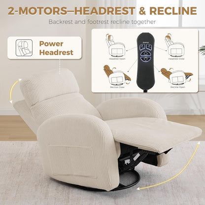 Dual Motors Power Recliner with Adjustable Headrest, Electric Swivel Rocker Recliner for Nursery, Glider Reclining Rocking Nursery Chairs for Small Space, Living Room, Bedroom, Chenille Cream White