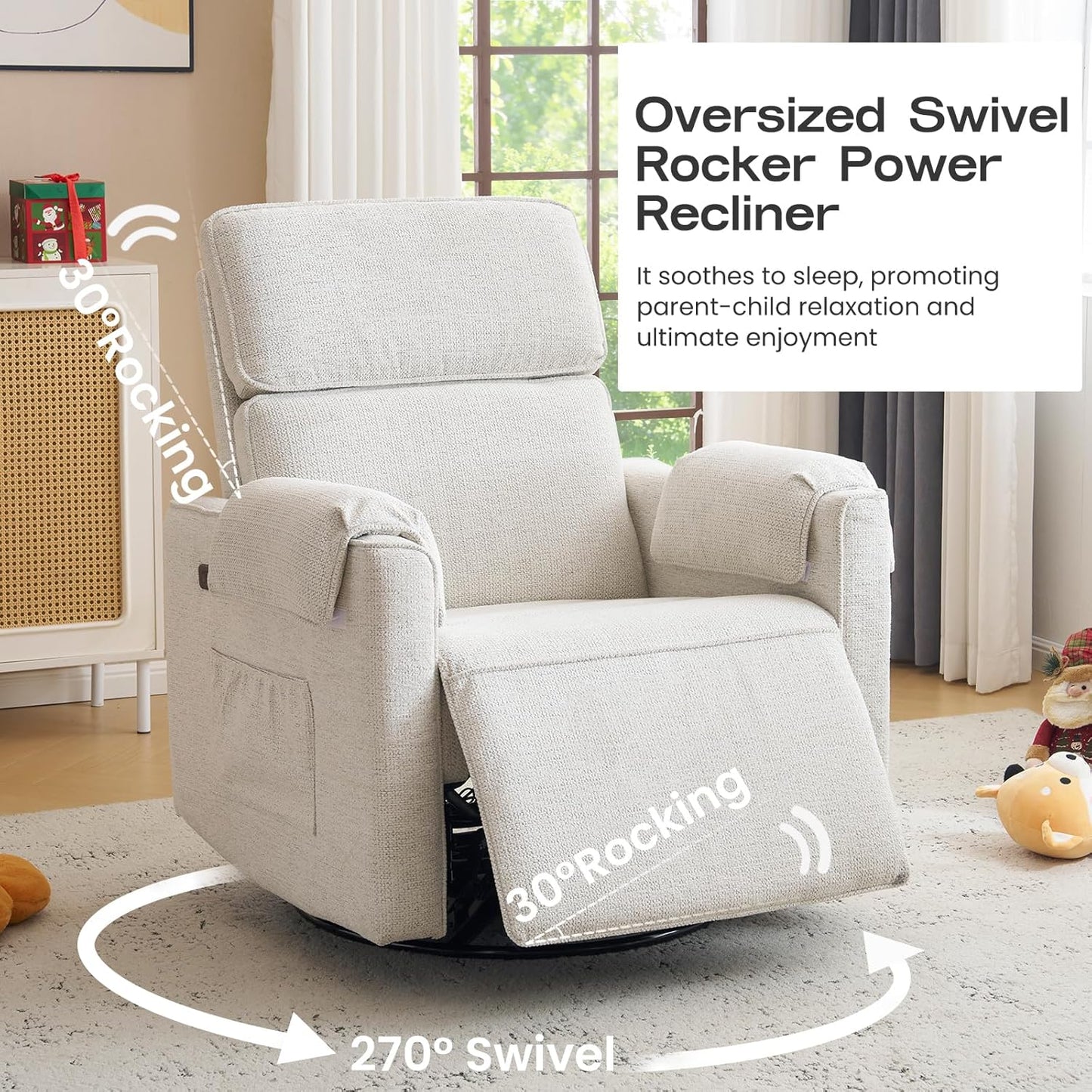 Oversized Power Recliner Chair Swivel Glider with Adjustable Headrest, 26" Extra Wide Glider Nursery Chair with Overstuffed Armrest, USB Ports, Chenille Fabric, Cream