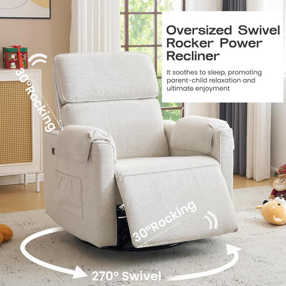 Oversized Power Recliner Chair Swivel Glider with Adjustable Headrest, 26" Extra Wide Glider Nursery Chair with Overstuffed Armrest, USB Ports, Chenille Fabric, Cream
