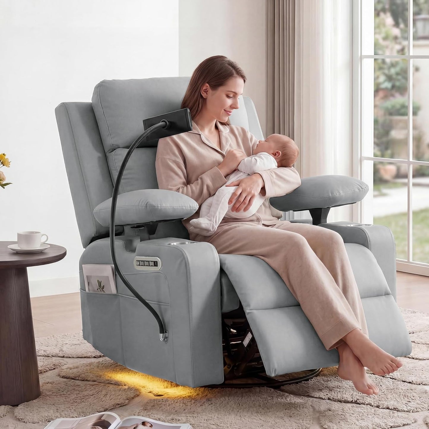 Power Rocking Chair Nursery with Adjustable Armrests and Headrest, Swivel Rocker Recliner with Electric Lumbar Support, Glider Recliners for Breastfeeding, Nursing Chair with USB, Cup Holder, Beige