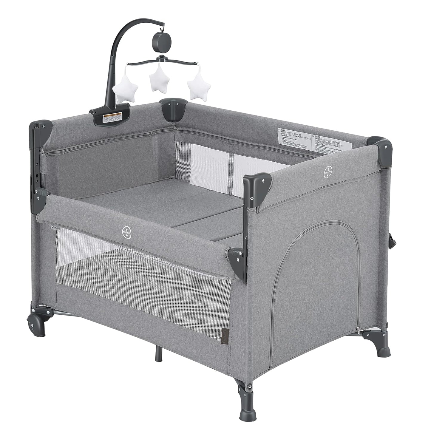 QUTANIX 2-in-1 Pack and Play with Mattress,Baby Bassinet Bedside Sleeper, Bedside Bassinet & Baby Playpen, Easy Folding Portable Crib for Newborn to Toddlers (Dark Grey)