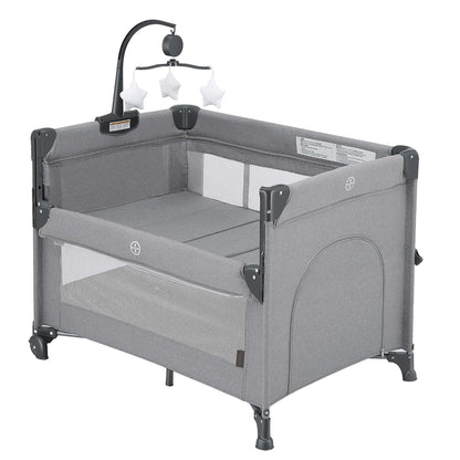 QUTANIX 2-in-1 Pack and Play with Mattress,Baby Bassinet Bedside Sleeper, Bedside Bassinet & Baby Playpen, Easy Folding Portable Crib for Newborn to Toddlers (Dark Grey)