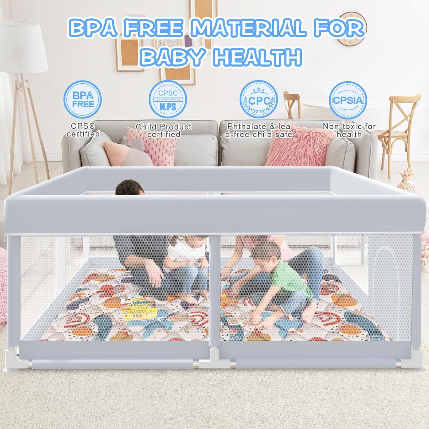 XVISHX Baby Playpen 50 x 50 Inch Play Pen Playards, Playpen for Babies and Toddlers, Baby Playard for Indoor & Outdoor Active Center Game Fence, with Skin-Friendly Fabric and Soft Breathable Mesh Grey