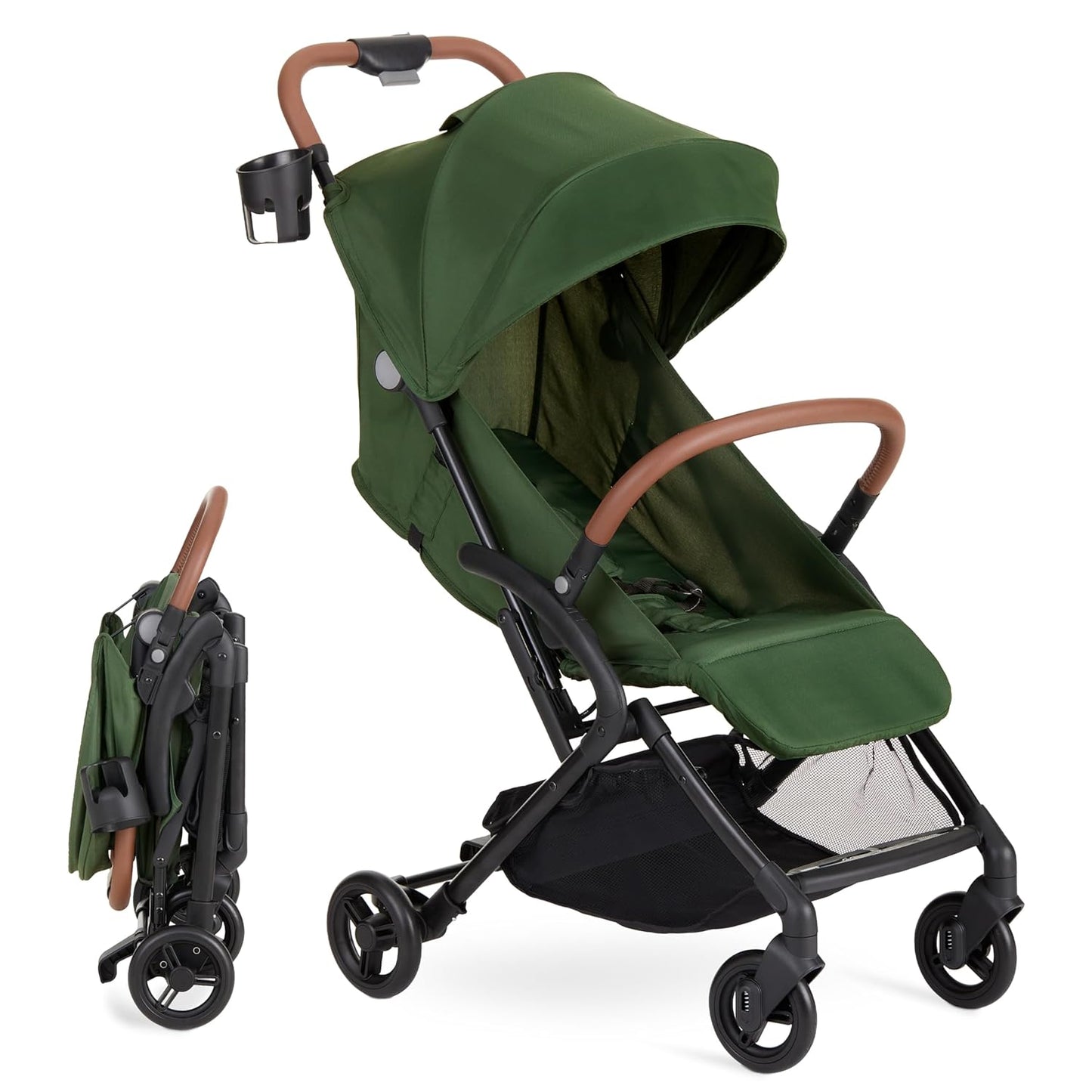 Dream On Me Rio Glide Ultra-Light Compact Stroller, One-Hand Self-Standing Fold, Adjustable Backrest & Footrest, 5-Point Harness, Cup Holder, Suspension Wheels with Storage Basket - Forest Green