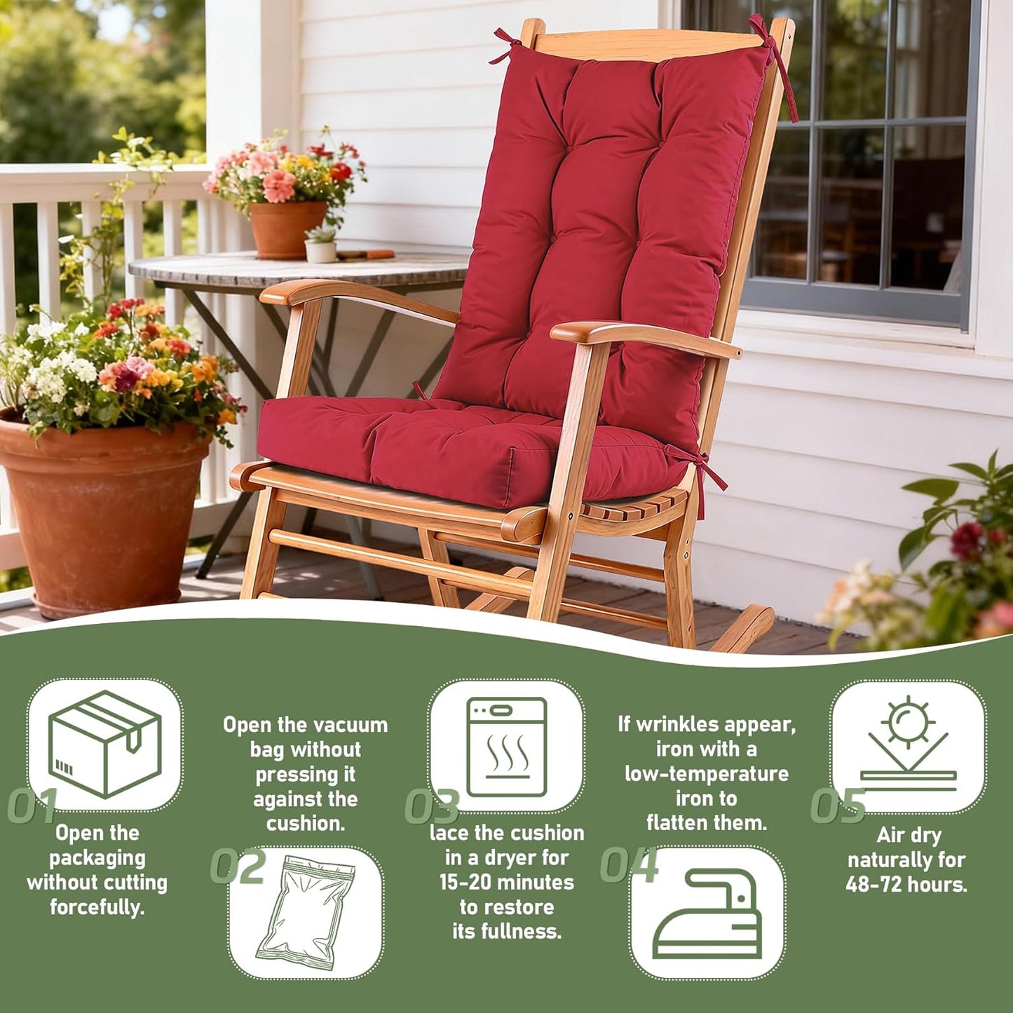 Rocking Chair Cushion with Ties Non-Slip Outdoor Rocking Chair Cushion Set Waterproof Fade-Resistant Porch Garden Patio Glider Rocker Cushions