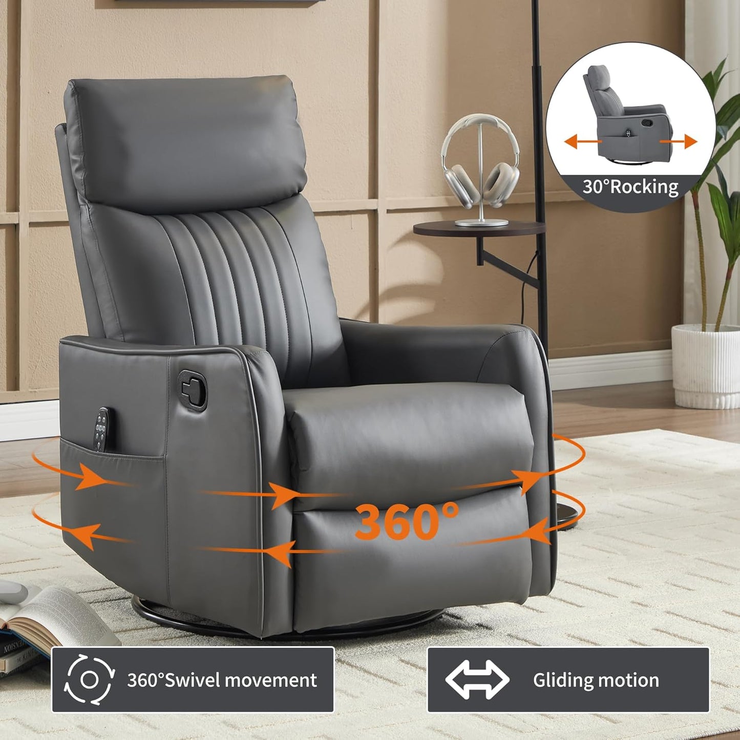 Swivel Rocker Recliner Chair for Adults, Nursery Rocking Chair with Heat and Massage, Glider Reclining Chair for Small Space Living Room Bedroom, Faux Leather Black