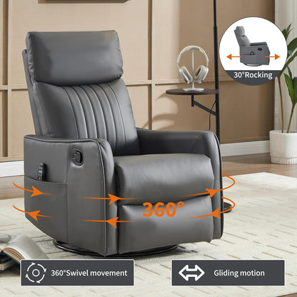 Swivel Rocker Recliner Chair for Adults, Nursery Rocking Chair with Heat and Massage, Glider Reclining Chair for Small Space Living Room Bedroom, Faux Leather Black