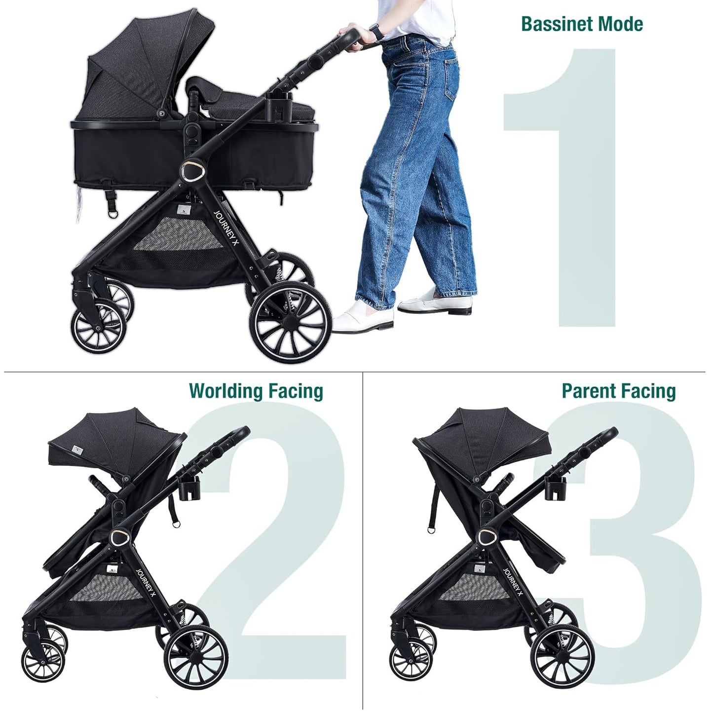Accombe 2 in 1 Baby Stroller, Convertible Bassinet Pushchair for Infants and Newborns 0-36 Months