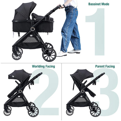 Accombe 2 in 1 Baby Stroller, Convertible Bassinet Pushchair for Infants and Newborns 0-36 Months