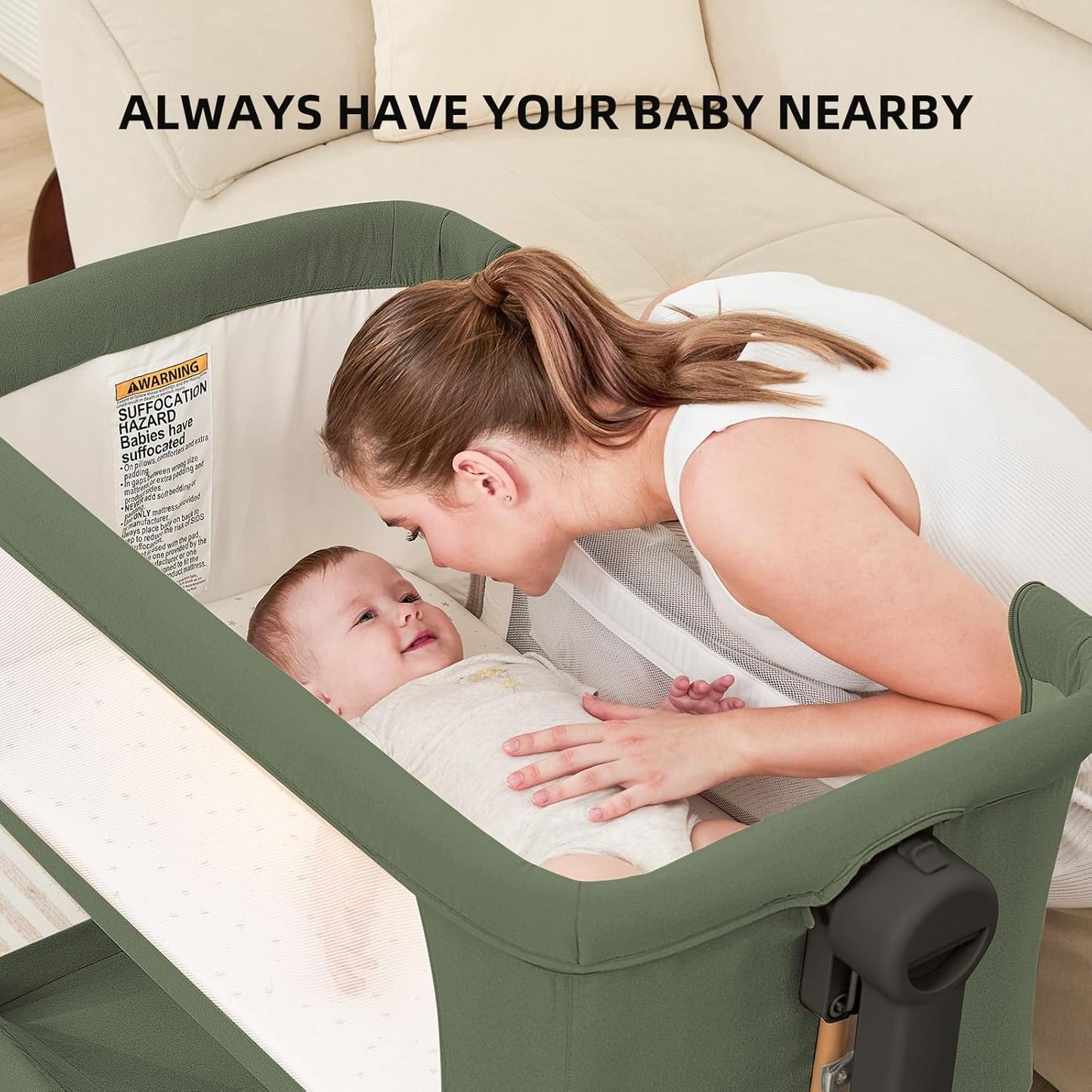ANGELBLISS 3 in 1 Baby Bassinet, Rocking Bassinets Bedside Sleeper with Comfy Mattress and Wheels, 6 Height Adjustable Easy Folding Portable Bedside Crib for Newborn Infant (Khaki)