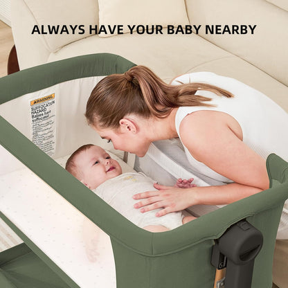 ANGELBLISS 3 in 1 Baby Bassinet, Rocking Bassinets Bedside Sleeper with Comfy Mattress and Wheels, 6 Height Adjustable Easy Folding Portable Bedside Crib for Newborn Infant (Khaki)