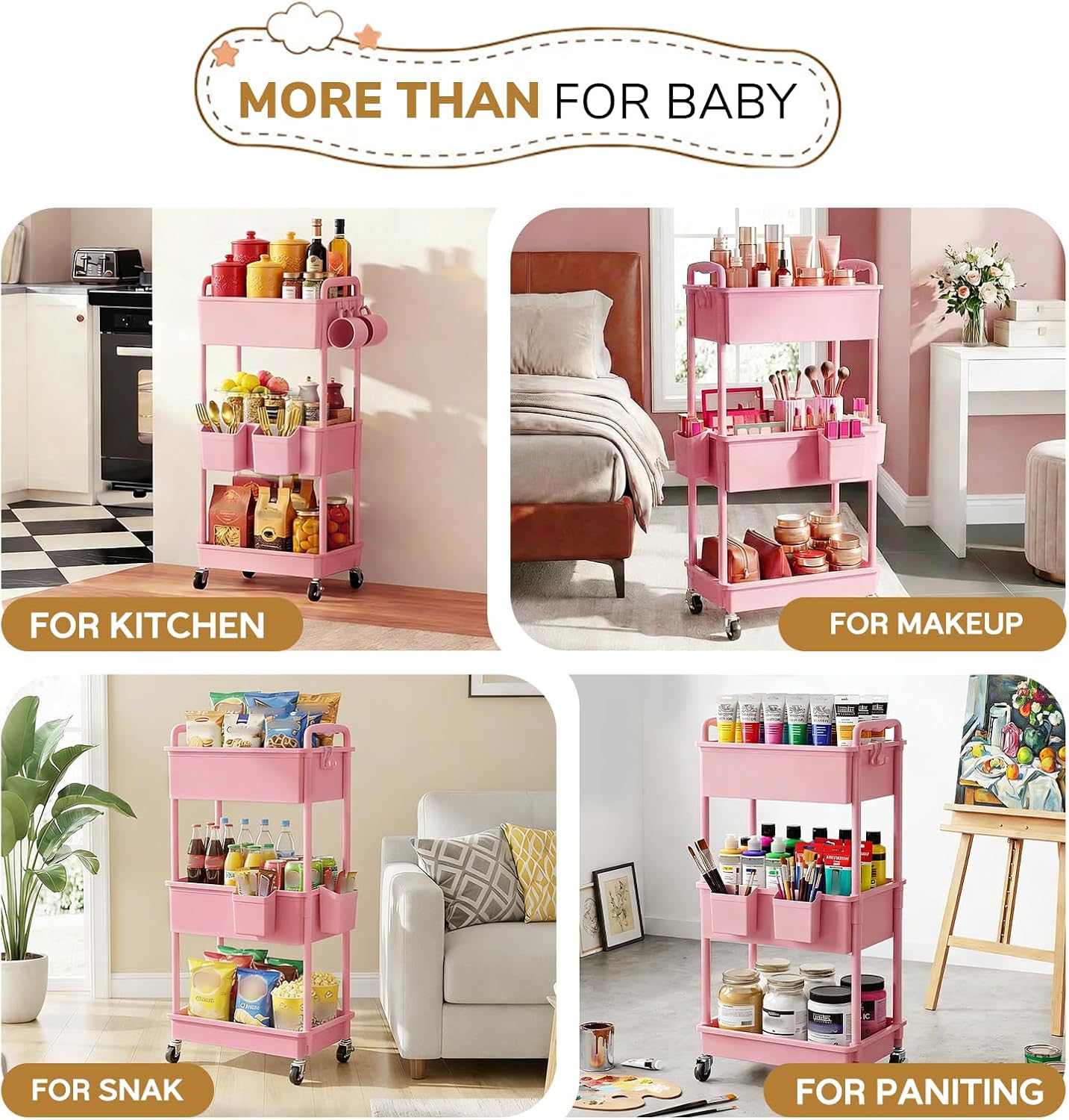 Goovilla Diaper Cart with Lockable Wheels and Easy Assembly, 3 Tier Black Rolling Cart for Baby Nursery Storage, Sturdy Ample Diaper Caddy Organizer for Baby Girl, Boy, New Mom, Newborn Essentials