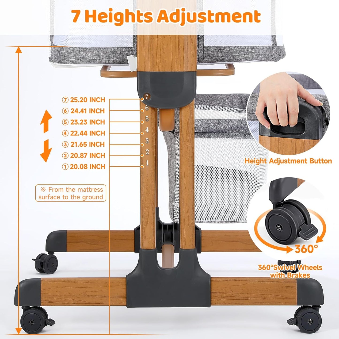 Ezebaby 3-in-1 Baby Bassinet, Rocking Baby Bassinets Bedside Sleeper, Adjustable Portable Crib for Newborn Infant with Wheels Storage Basket and Mesh Sides