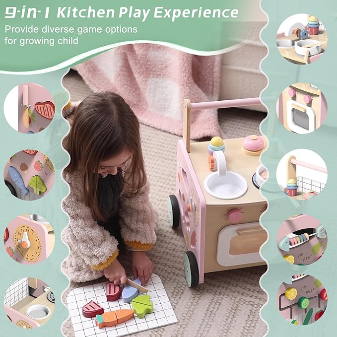 wiqins Wooden Baby Walker 9-in-1 Activity Center with Toddlers Montessori Sensory Toys and Play Kitchen Push Walker for Kids with Wheels and Storage Space, Ideal Gift for Girls Boys Ages 6-36 Month
