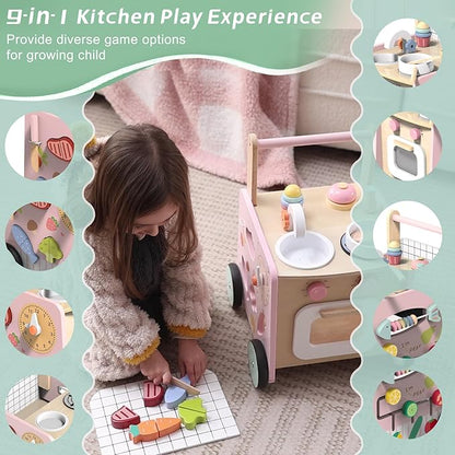 wiqins Wooden Baby Walker 9-in-1 Activity Center with Toddlers Montessori Sensory Toys and Play Kitchen Push Walker for Kids with Wheels and Storage Space, Ideal Gift for Girls Boys Ages 6-36 Month