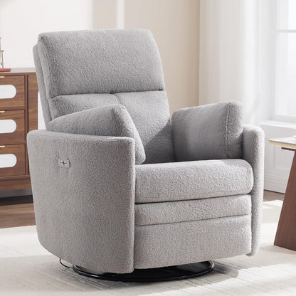 Power Recliner,Nursery Swivel Glider Rocking Chair with USB Port,Upholstered Adult Electric Recliner Rocking Chair with 2 Pillows for Living Room Bedroom (Beige Corduroy, Power-Driven)