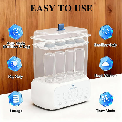 Mammy Bunny 3-in-1 Baby Bottle Sterilizer and Dryer – 6 Smart Modes with Fast Drying, Food Warmer & Storage – Fits 6–8 Bottles, Pacifiers & Pump Parts – BPA-Free