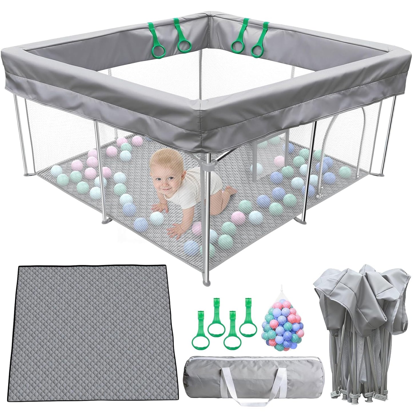 Foldable Baby Playpen, 50"×50" Collapsible Play Yard for Babies and Toddlers, No Assembly Required, Kids Safety Play Area with 4 Handles, 50 Balls and Visible Mesh, Black