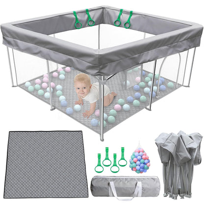 Foldable Baby Playpen, 50"×50" Collapsible Play Yard for Babies and Toddlers, No Assembly Required, Kids Safety Play Area with 4 Handles, 50 Balls and Visible Mesh, Black