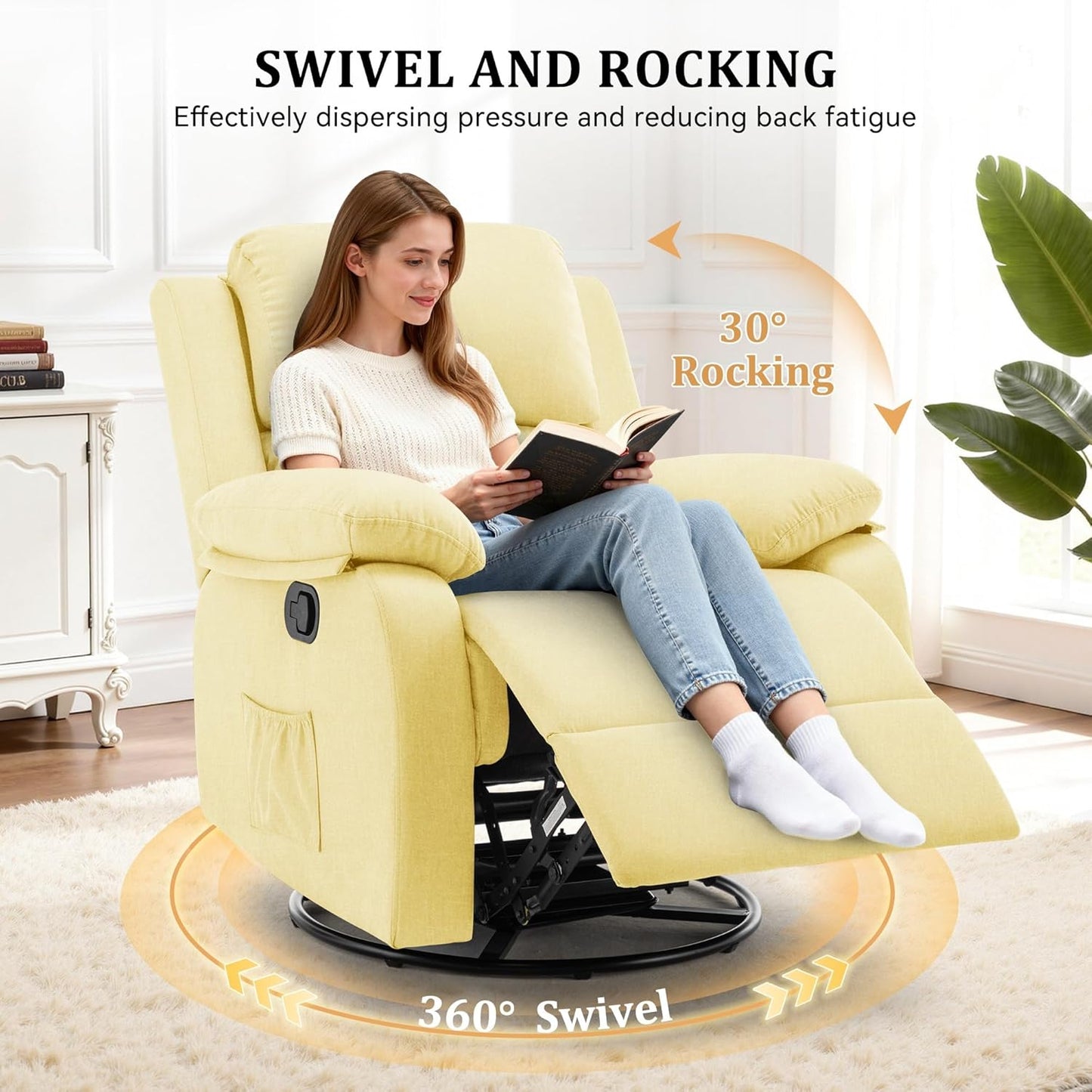 Korser Recliner Chair, 360 Swivel Rocker Chair for Adults, Small Rocking Recliner for Small Spaces, Upholstered Fabric Glider Recliner Nursery