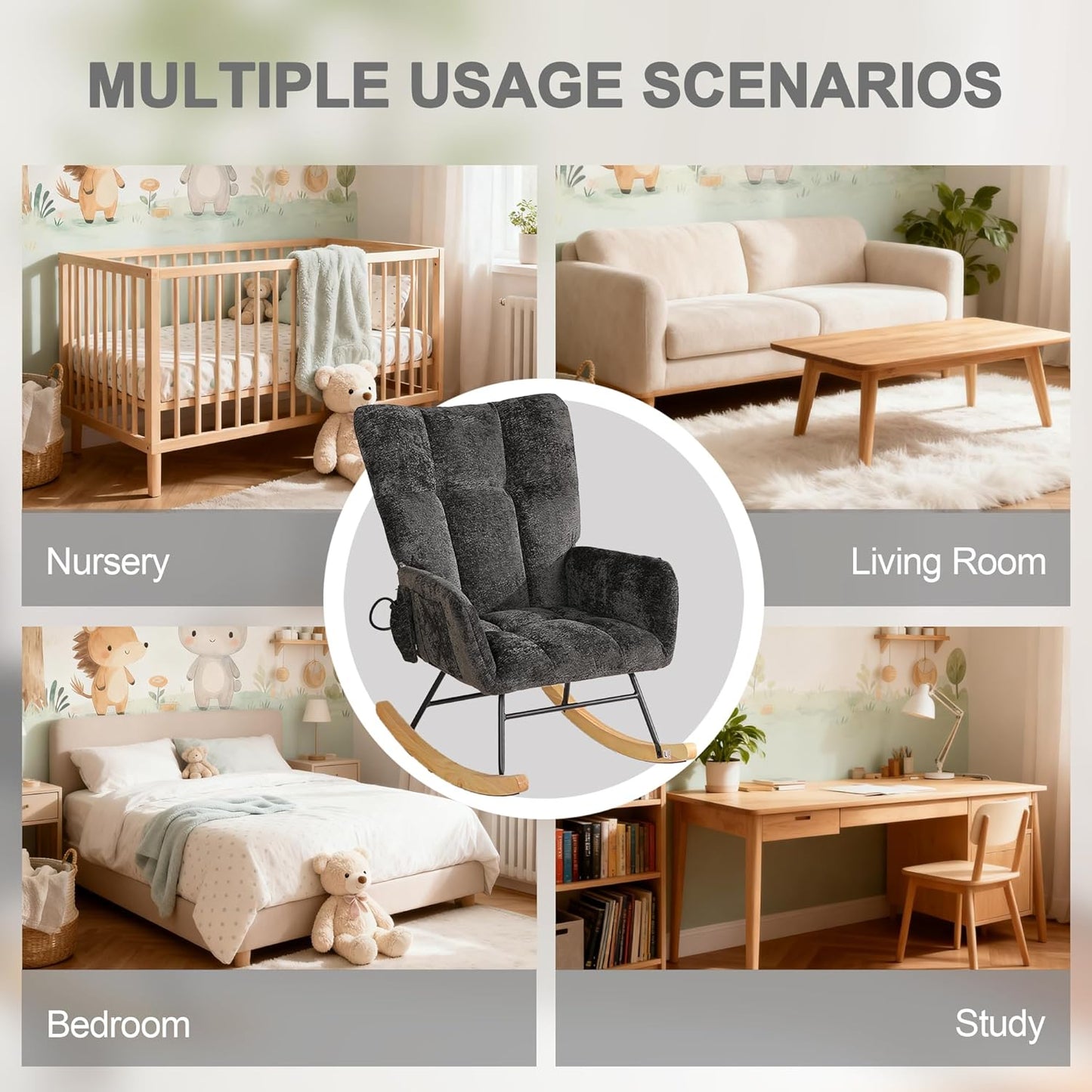Rocking Chair Nursery with Airbag, Comfy Modern Nursery Rocking Reading Chair indoor with Footrest, Cozy Upholstered Glider Rocker Chairs for Living Room Bedroom Offices(Chenille, Dark Grey)