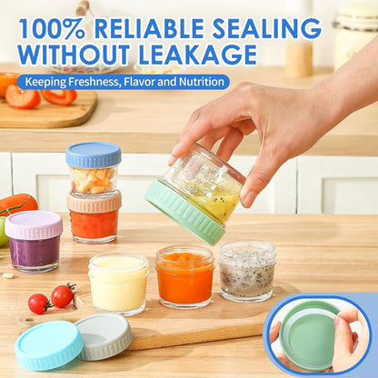DRKIO 6 Pack Glass Baby Food Storage Containers - 4 Oz Baby Food Jars with Lids Baby Food Maker Microwave Dishwasher Freezer Safe 100% Leak Proof BPA Free Reusable