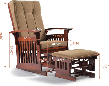 Glider Rocking Chair with Ottoman Set, Solid Wood Nursery Glider Rocker with Padded Cushion, High Back Upholstered Swivel Glider for Living Room, Nursing, Reading, 280LBS Weight Capacity,Oak+Khaki