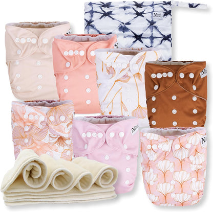 Nora's Nursery Cloth Diapers 7 Pack with 7 Inserts & 1 Wet Bag - Waterproof Cover, Washable, Reusable & One Size Adjustable Pocket Diapers for Newborns and Toddlers - Delilah