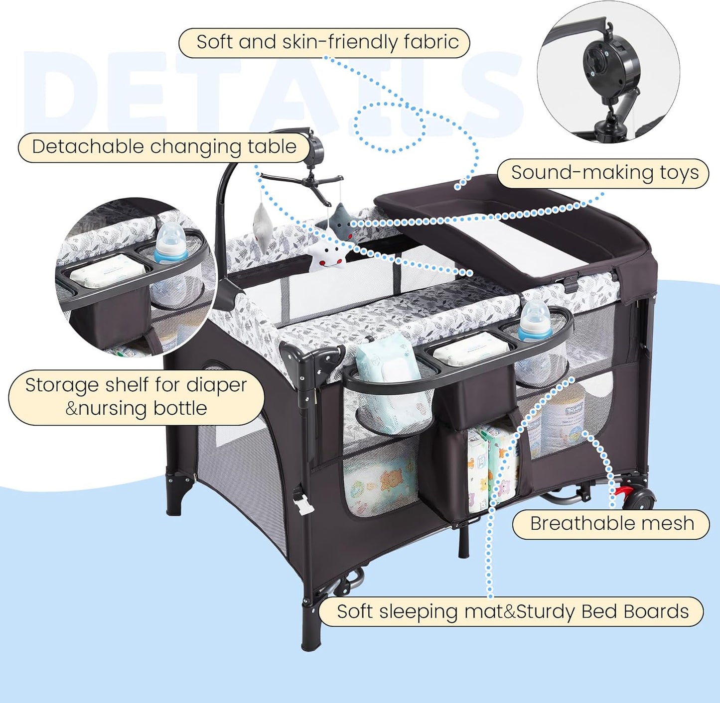 5-in-1 Baby Bassinet Bedside Sleeper with Swing Tube Converts to Cradle, Baby Crib with Mattress, Detachable Diaper Changer, Mosquito Net and Toy - Black