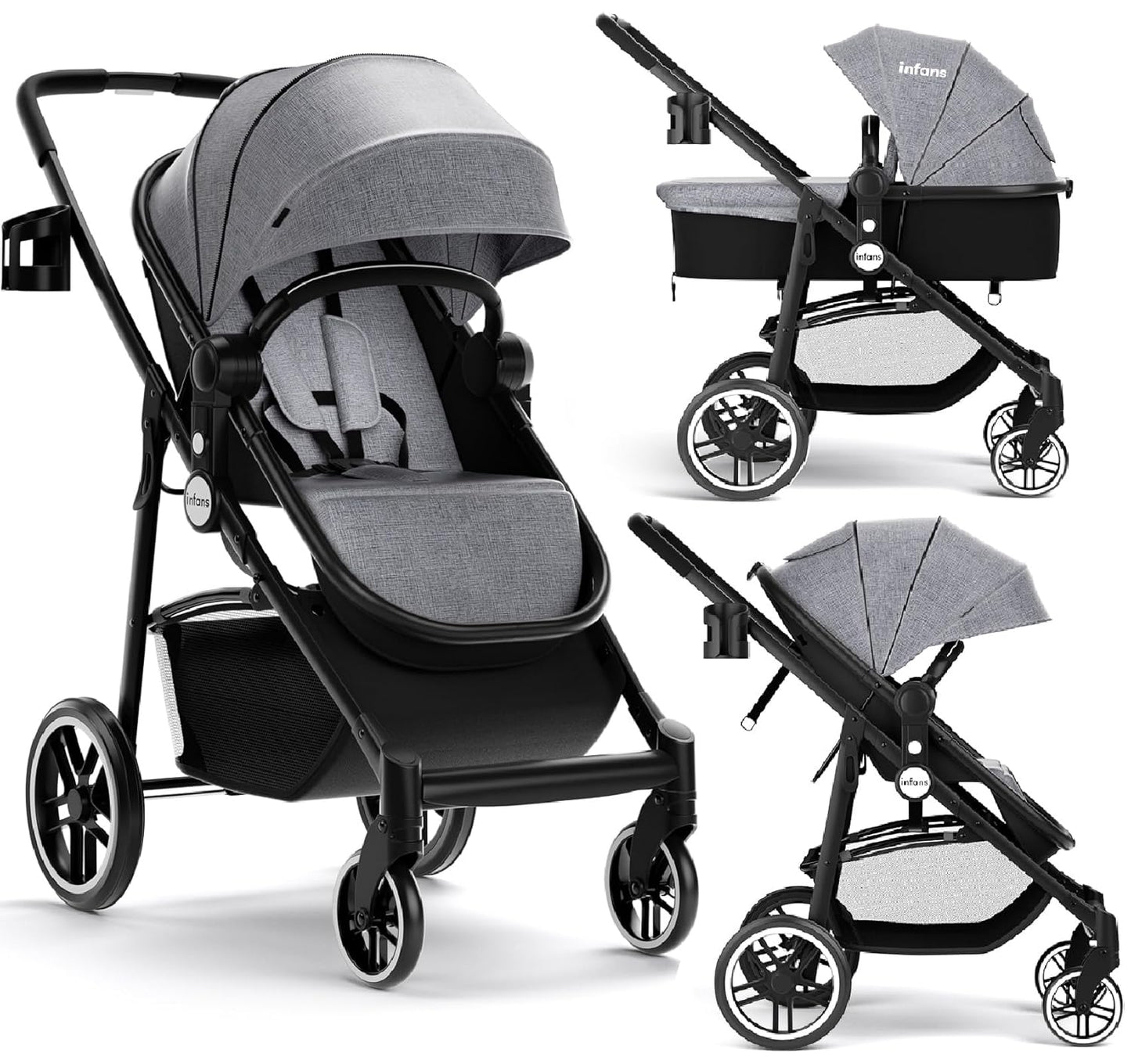 INFANS 2 in 1 Baby Stroller, High Landscape Infant Stroller & Reversible Bassinet Pram, Foldable Pushchair with Adjustable Canopy, Storage Basket, Cup Holder, Suspension Wheels (Black)