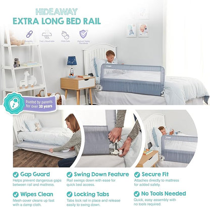 Regalo Safety 54” Extra Long Hideaway Bed Rail Guard for Toddlers, Toddler Bed Rail with Reinforced Anchor Safety System, 20” Tall Bed Safety Rail, Fits Twin, Full & Queen Beds, Gray
