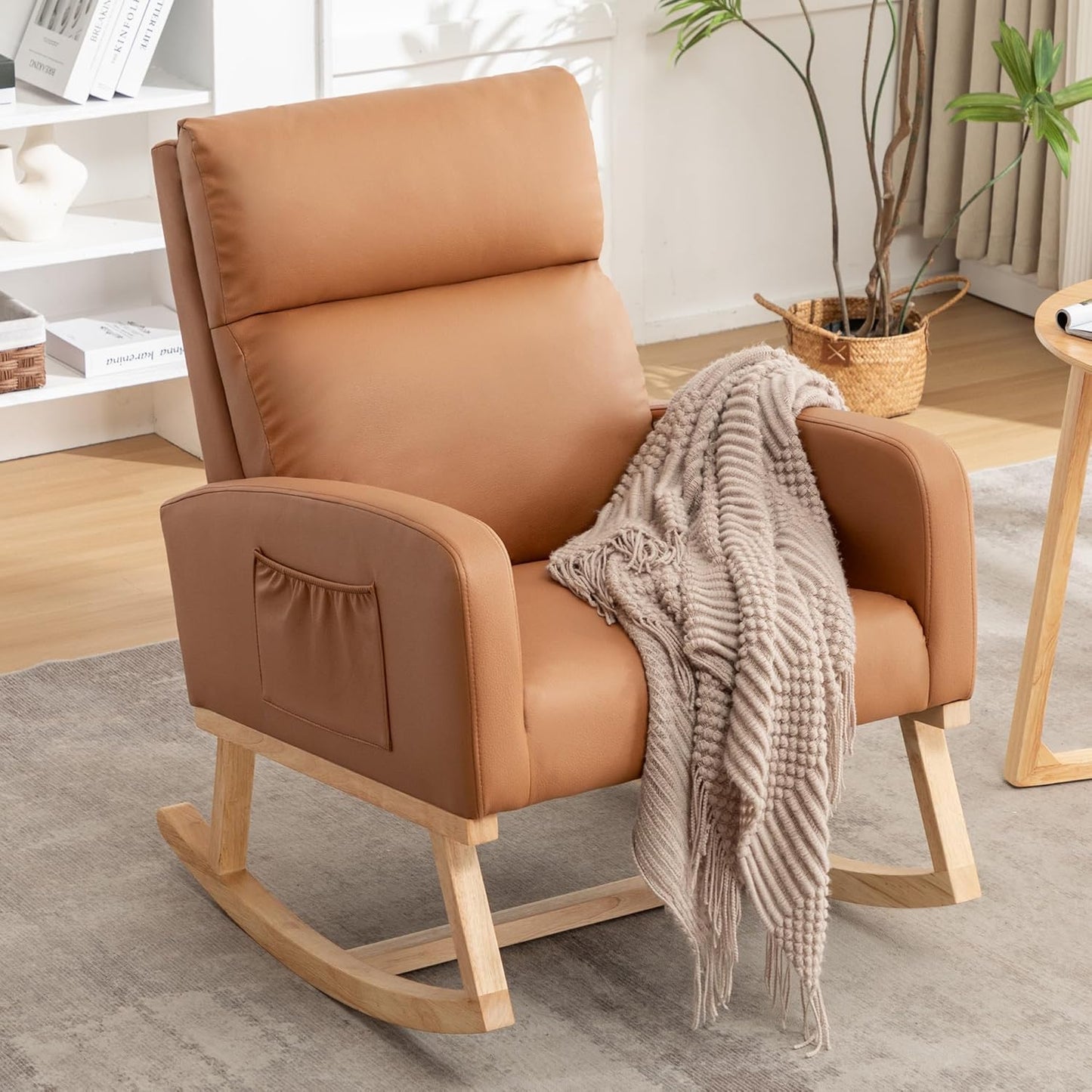 Rocking Chair Nursery, Upholstered Nursing Rocker Chair for Mom with High Backrest and Side Pockets for Bedroom Living Room, Beige